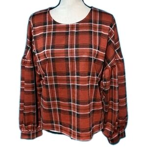 VERSONA size Medium Oversized Boxy Orange Plaid Dolman Sleeve Blouse Casual